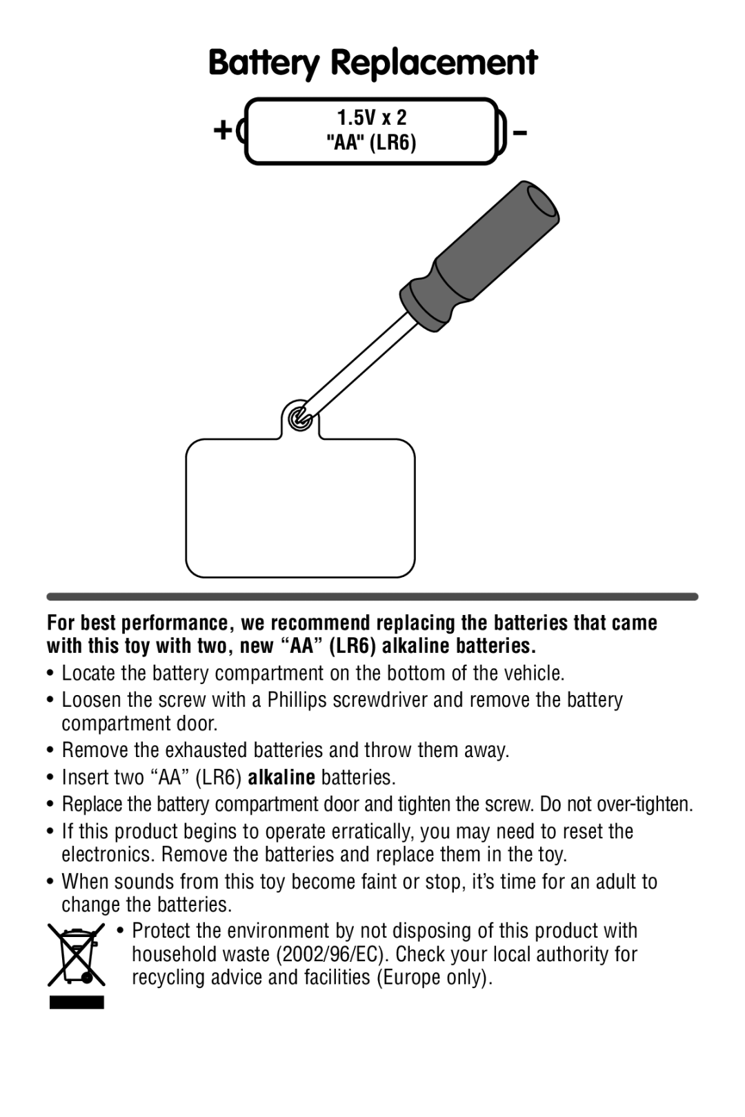 Fisher-Price P9511 manual Battery Replacement, 5V x AA LR6 