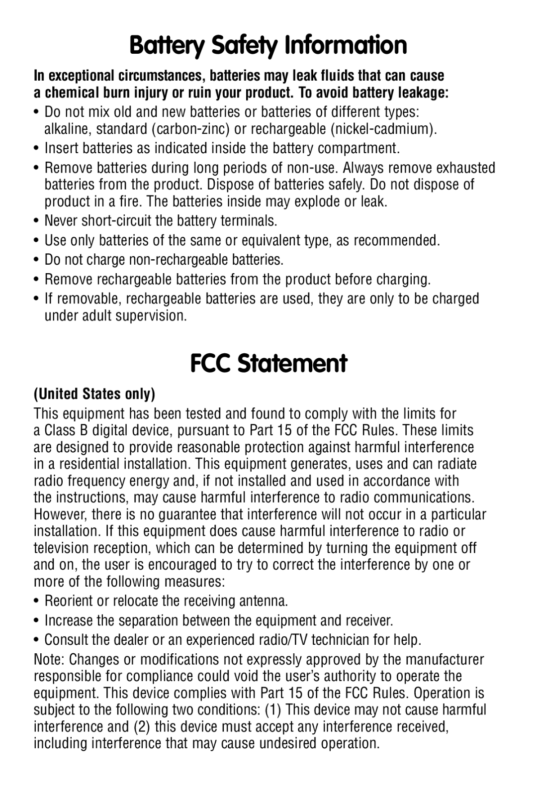 Fisher-Price P9511 manual Battery Safety Information, FCC Statement, United States only 