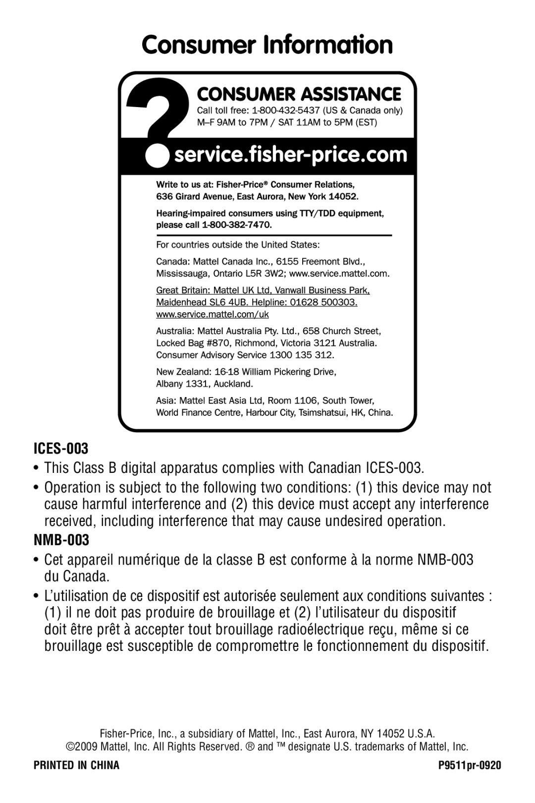 Fisher-Price P9511 manual Consumer Information, ICES-003, NMB-003 