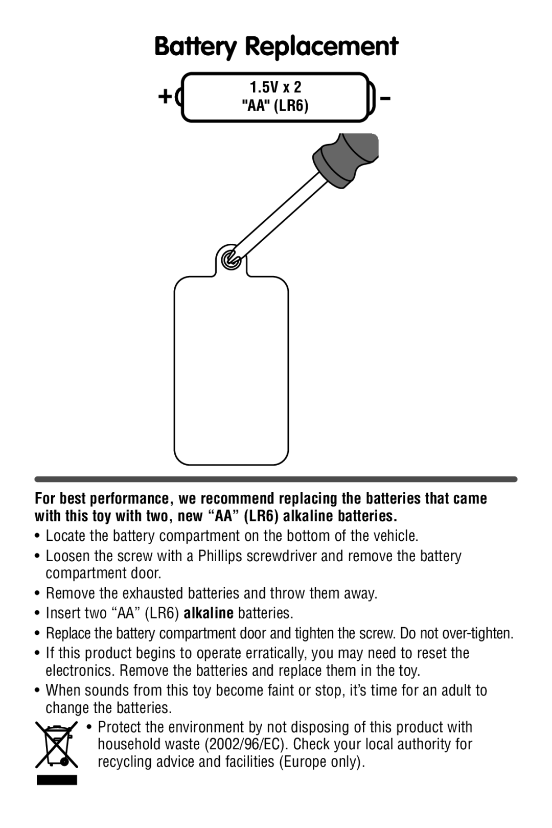 Fisher-Price P9512 manual Battery Replacement, 5V x AA LR6 