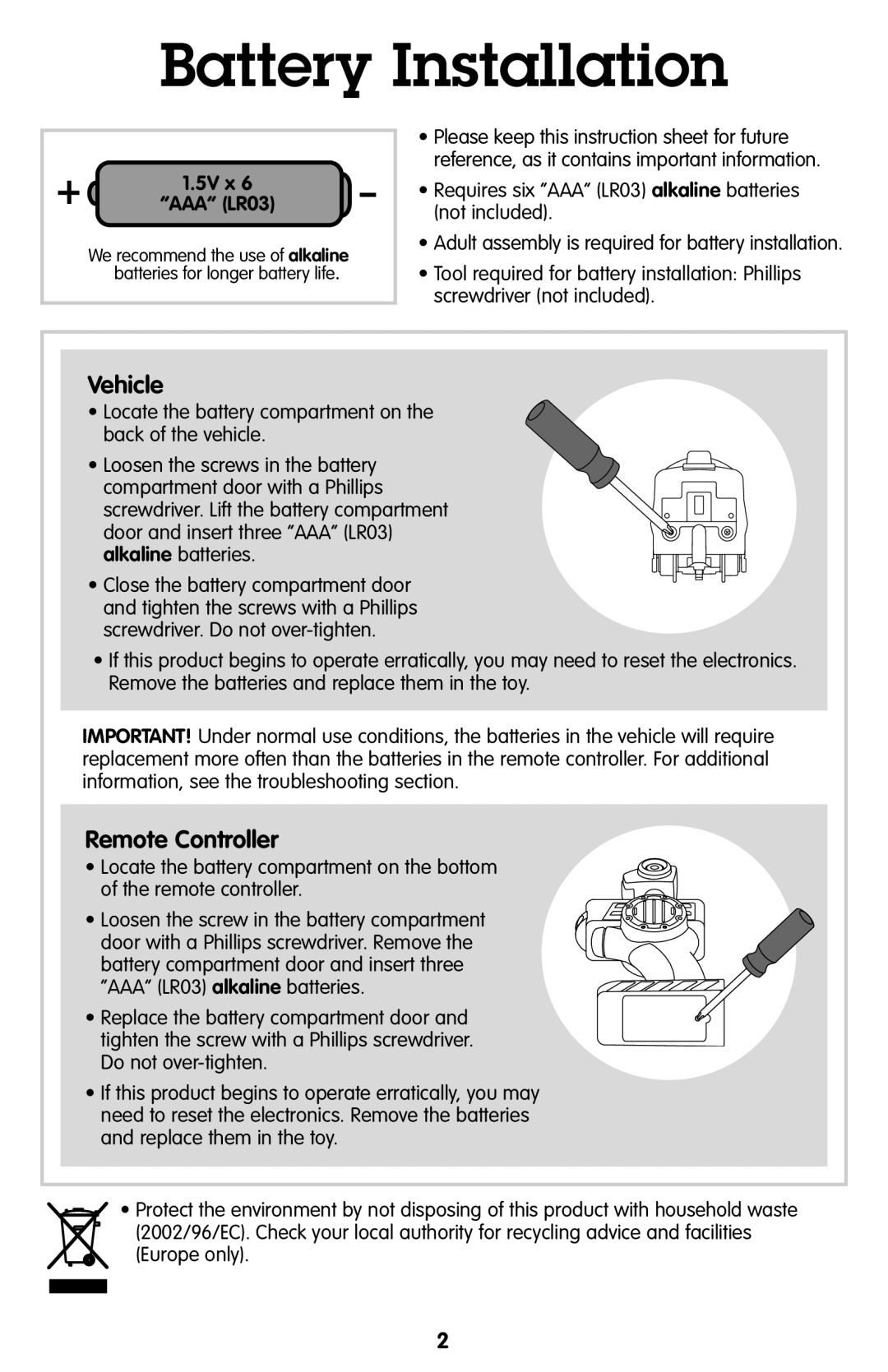 Fisher-Price P9694, P9695 manual Battery Installation, 5V x AAA LR03 