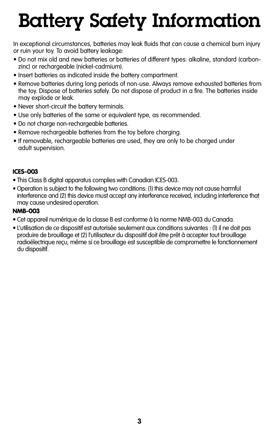 Fisher-Price P9695, P9694 manual Battery Safety Information, ICES-003, NMB-003 