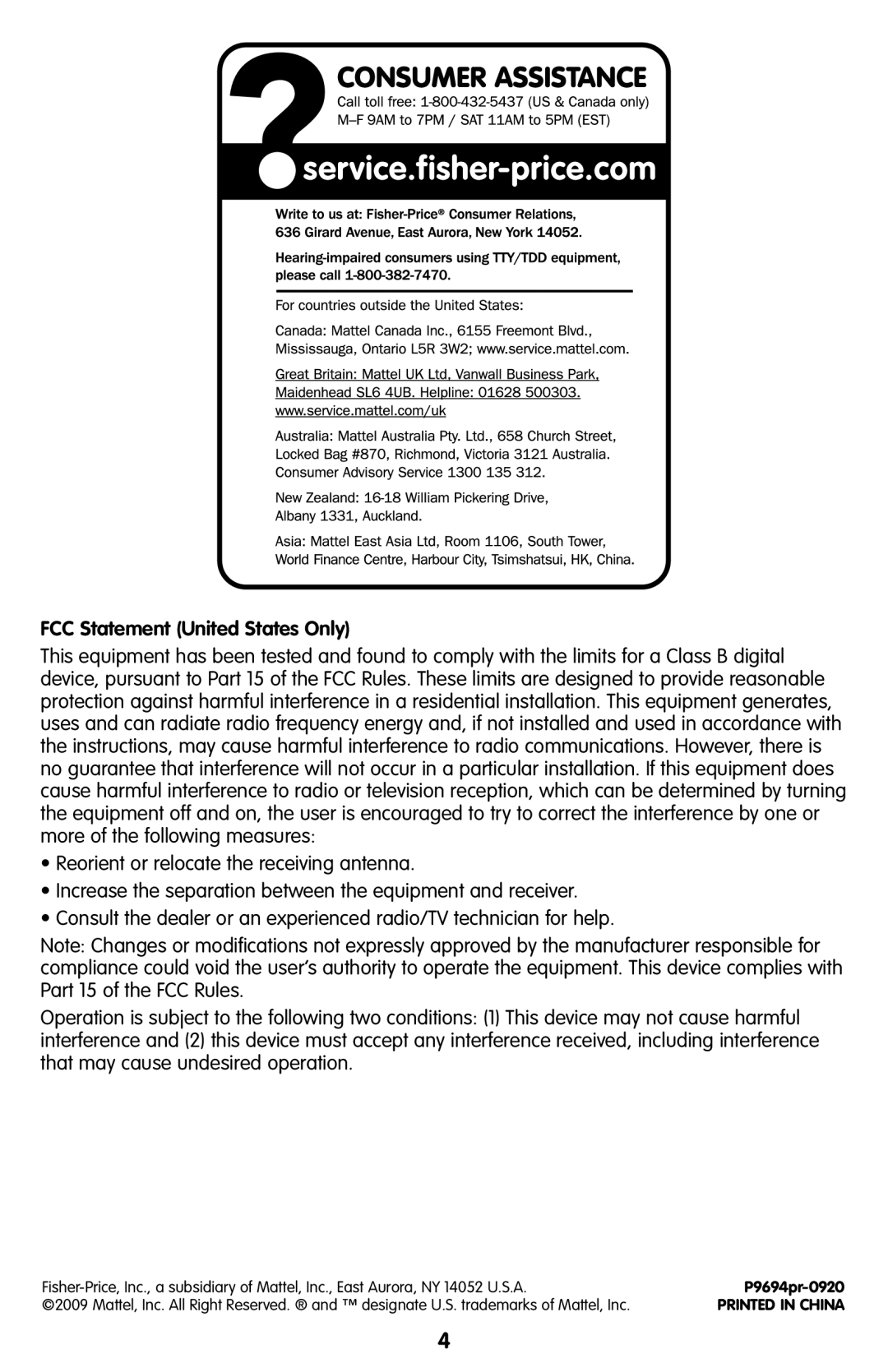 Fisher-Price P9694, P9695 manual FCC Statement United States Only 