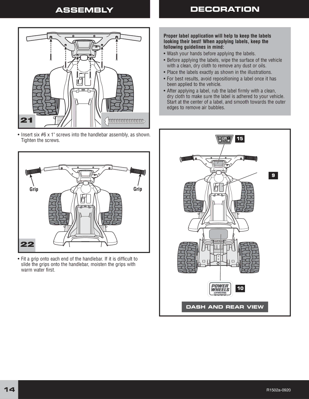 Fisher-Price R1502 owner manual Assemblydecoration, Grip 