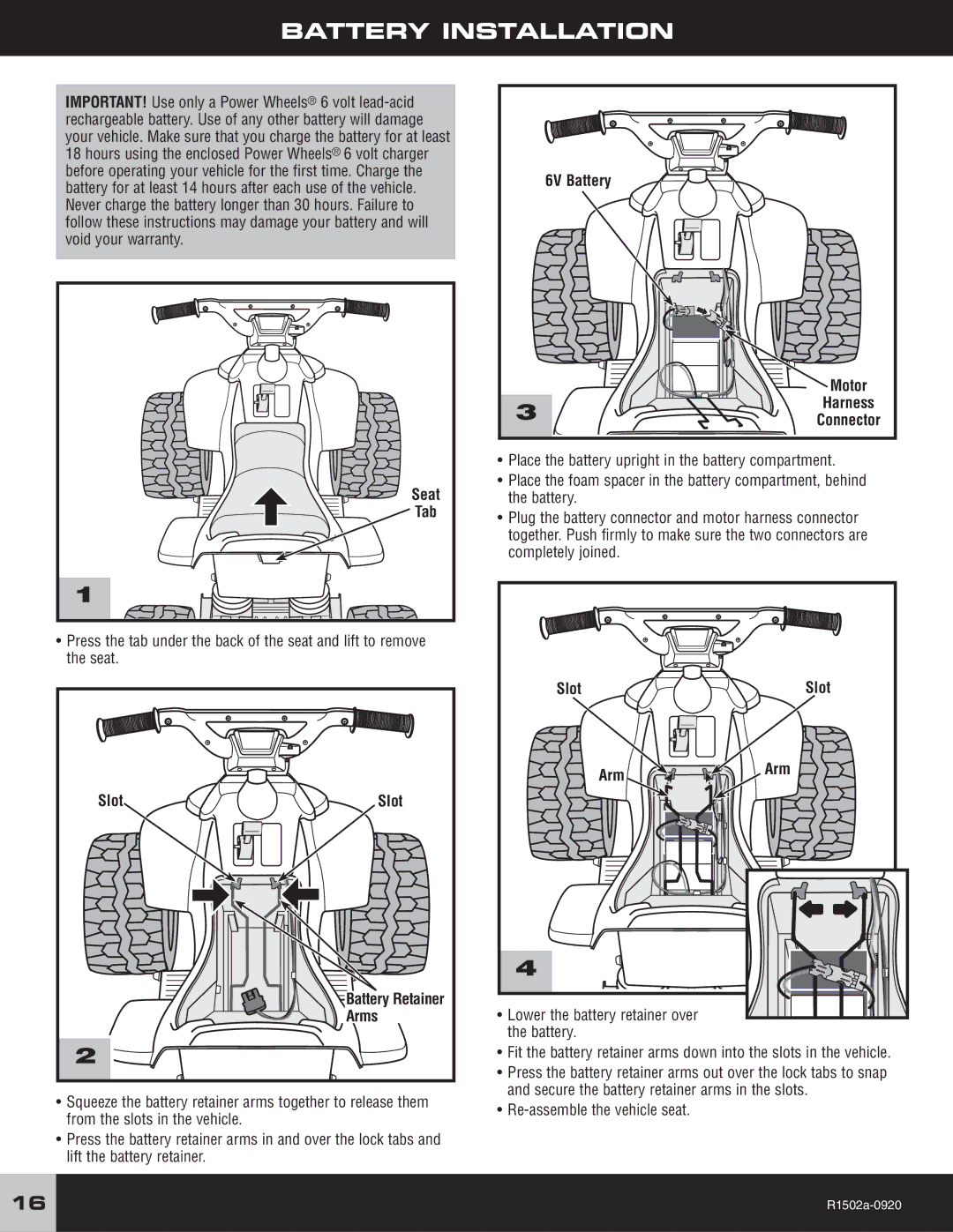 Fisher-Price R1502 owner manual Battery Installation 