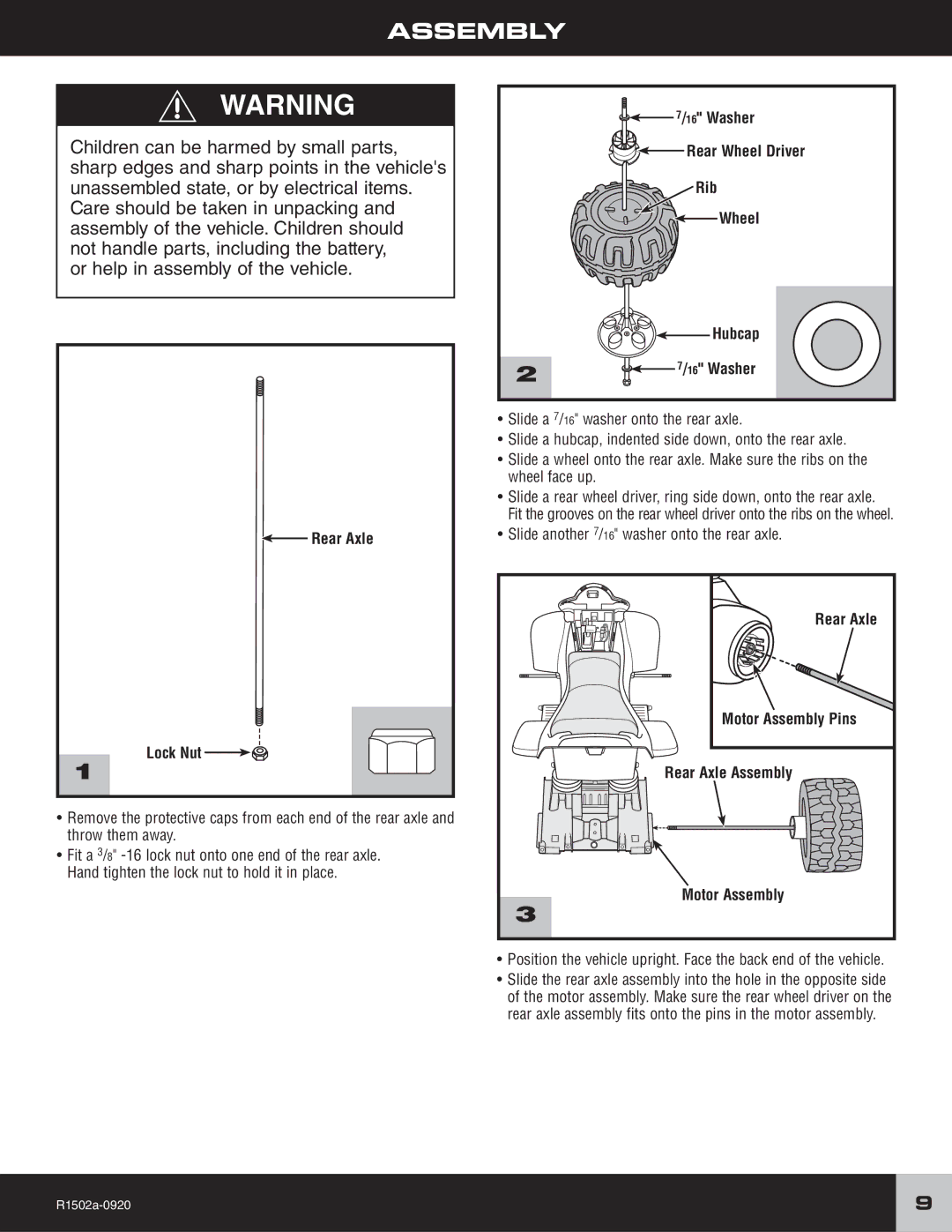 Fisher-Price R1502 owner manual Assembly, Rear Axle Lock Nut, Washer Rear Wheel Driver Rib Hubcap 16 Washer 