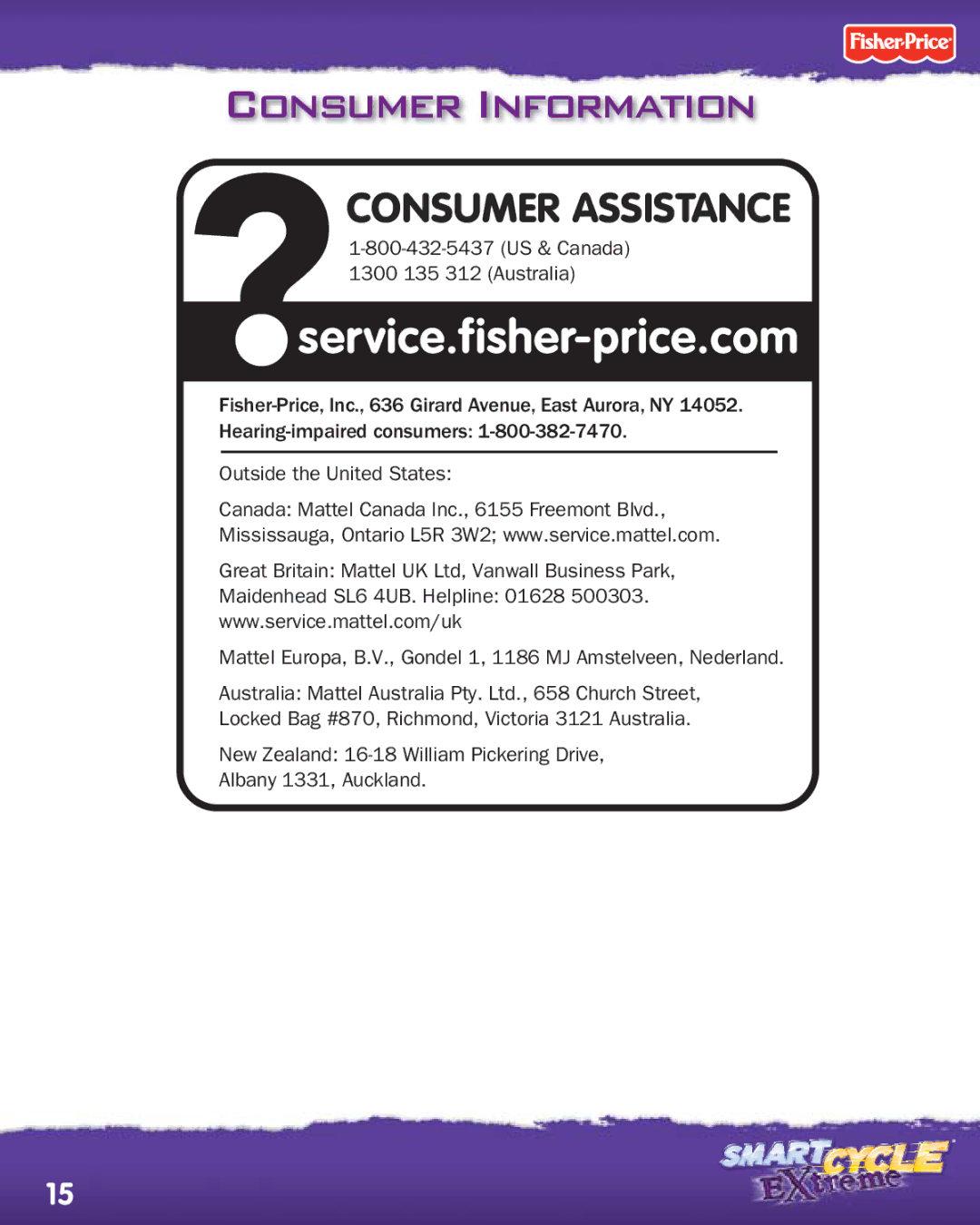 Fisher-Price R2764 manual Consumer Information, Consumer Assistance 