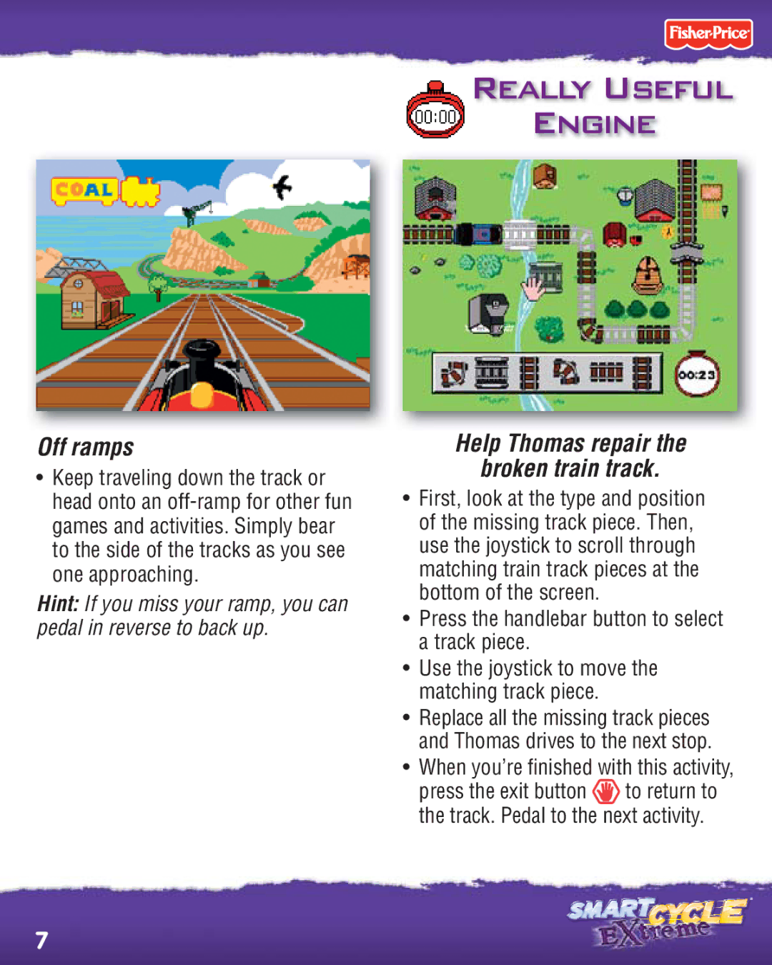 Fisher-Price R2764 manual Really Useful Engine, Off ramps, Help Thomas repair Broken train track 