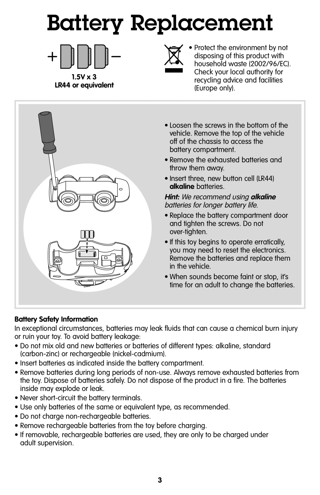 Fisher-Price R2771 instruction sheet Battery Replacement, 5V x LR44 or equivalent, Battery Safety Information 