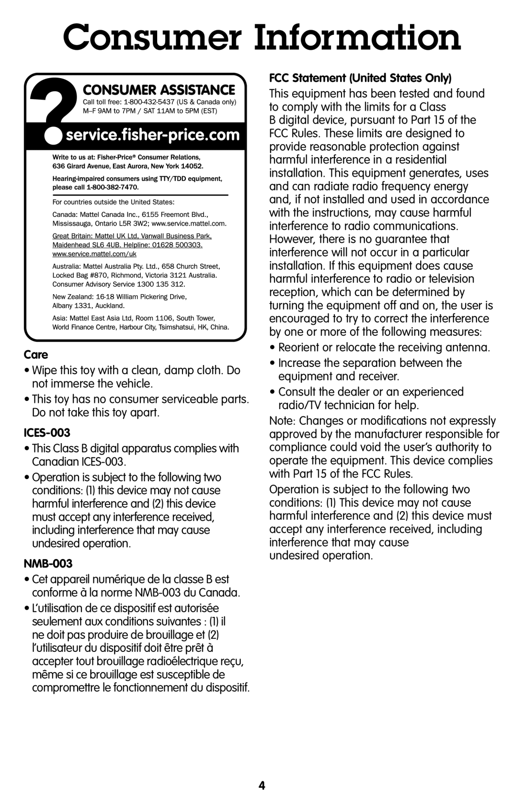 Fisher-Price R2771 instruction sheet Consumer Information, Care, ICES-003, NMB-003, FCC Statement United States Only 