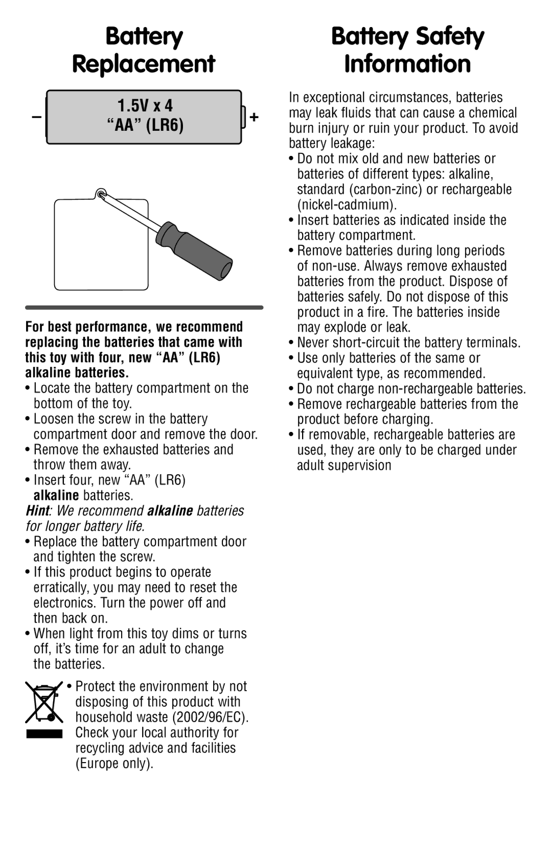 Fisher-Price R3931 manual Battery Replacement, Battery Safety Information 