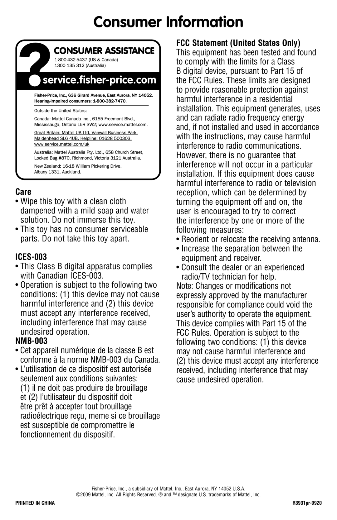 Fisher-Price R3931 manual Consumer Information, Care, ICES-003, NMB-003 