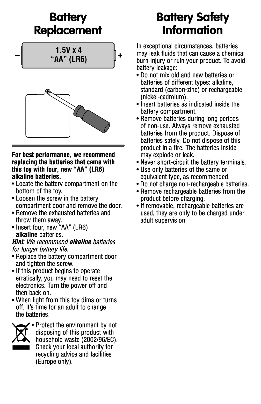 Fisher-Price R3931 manual Battery Replacement, Battery Safety Information, 1.5V x “AA” LR6 