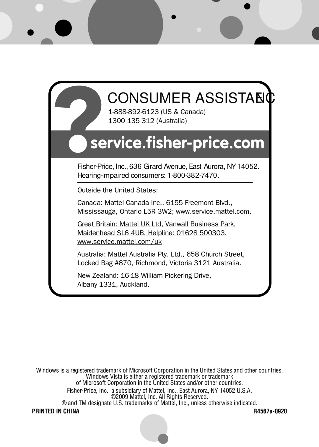 Fisher-Price R4567 manual Consumer Assistance 