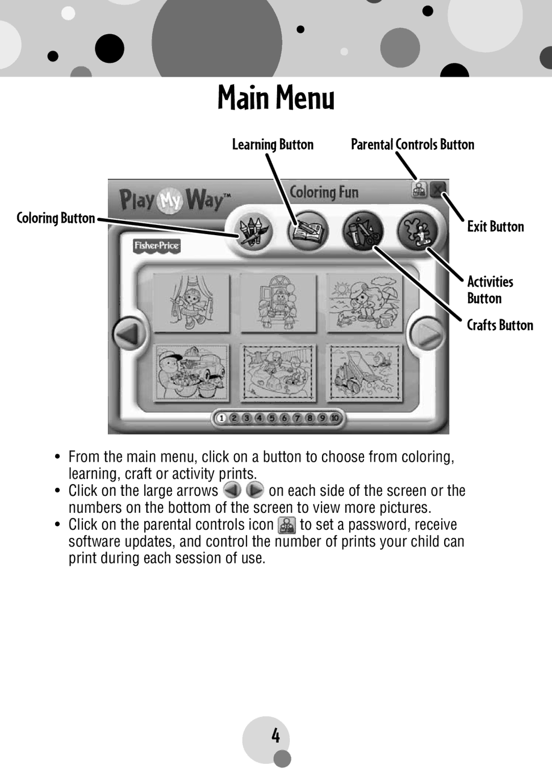 Fisher-Price R4567 manual Main Menu, Coloring Button 