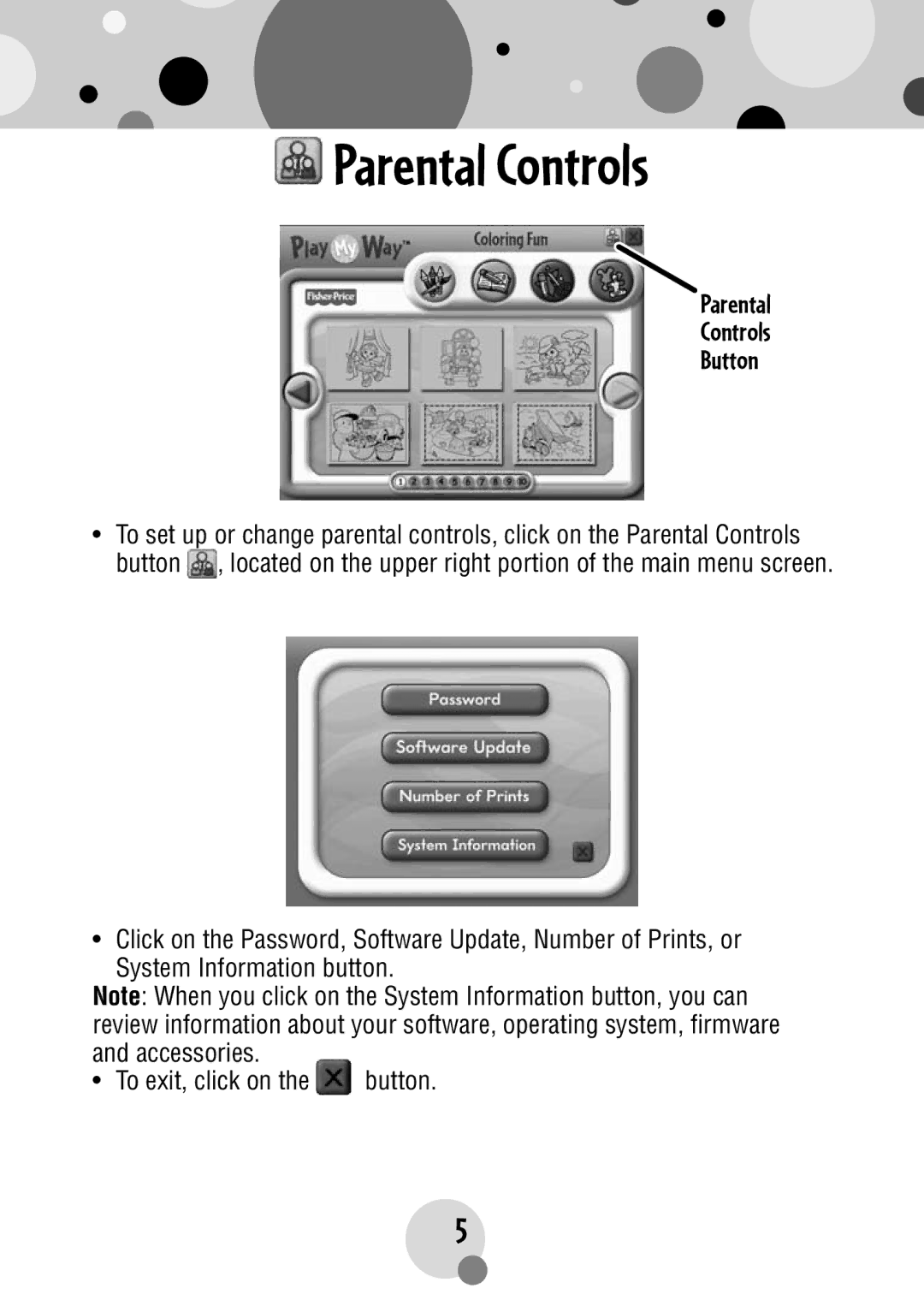 Fisher-Price R4567 manual Parental Controls Button 