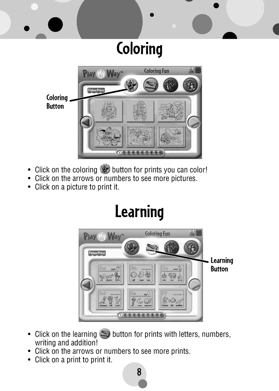 Fisher-Price R4567 manual Coloring, Learning Button 