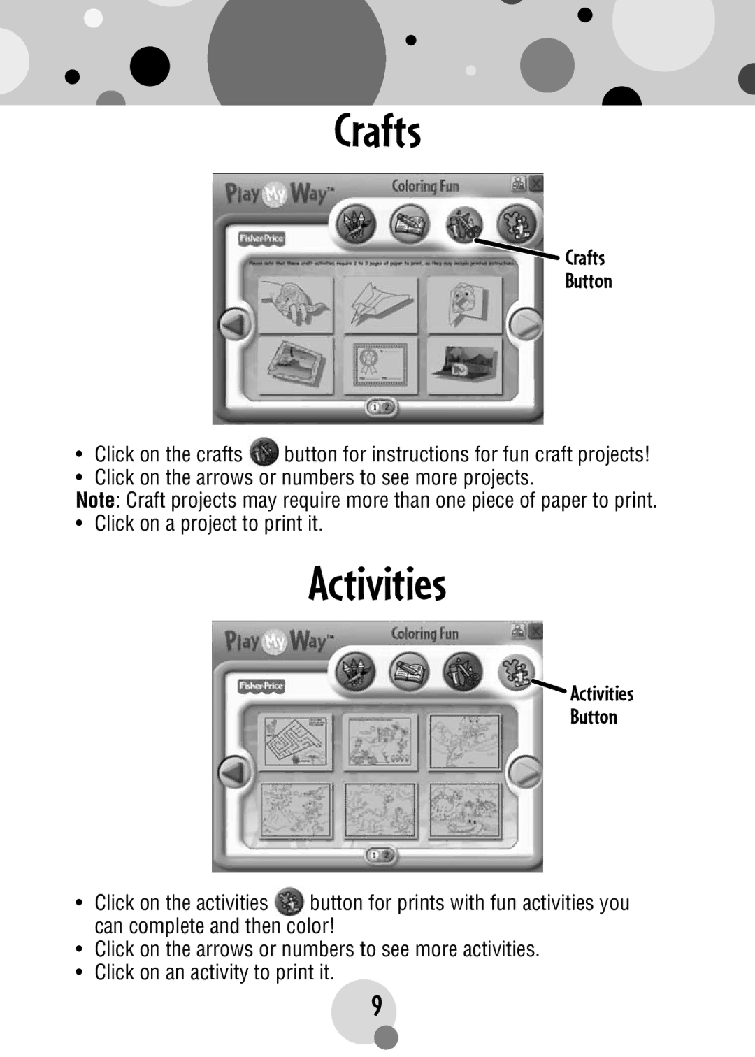 Fisher-Price R4567 manual Crafts Button, Activities Button 