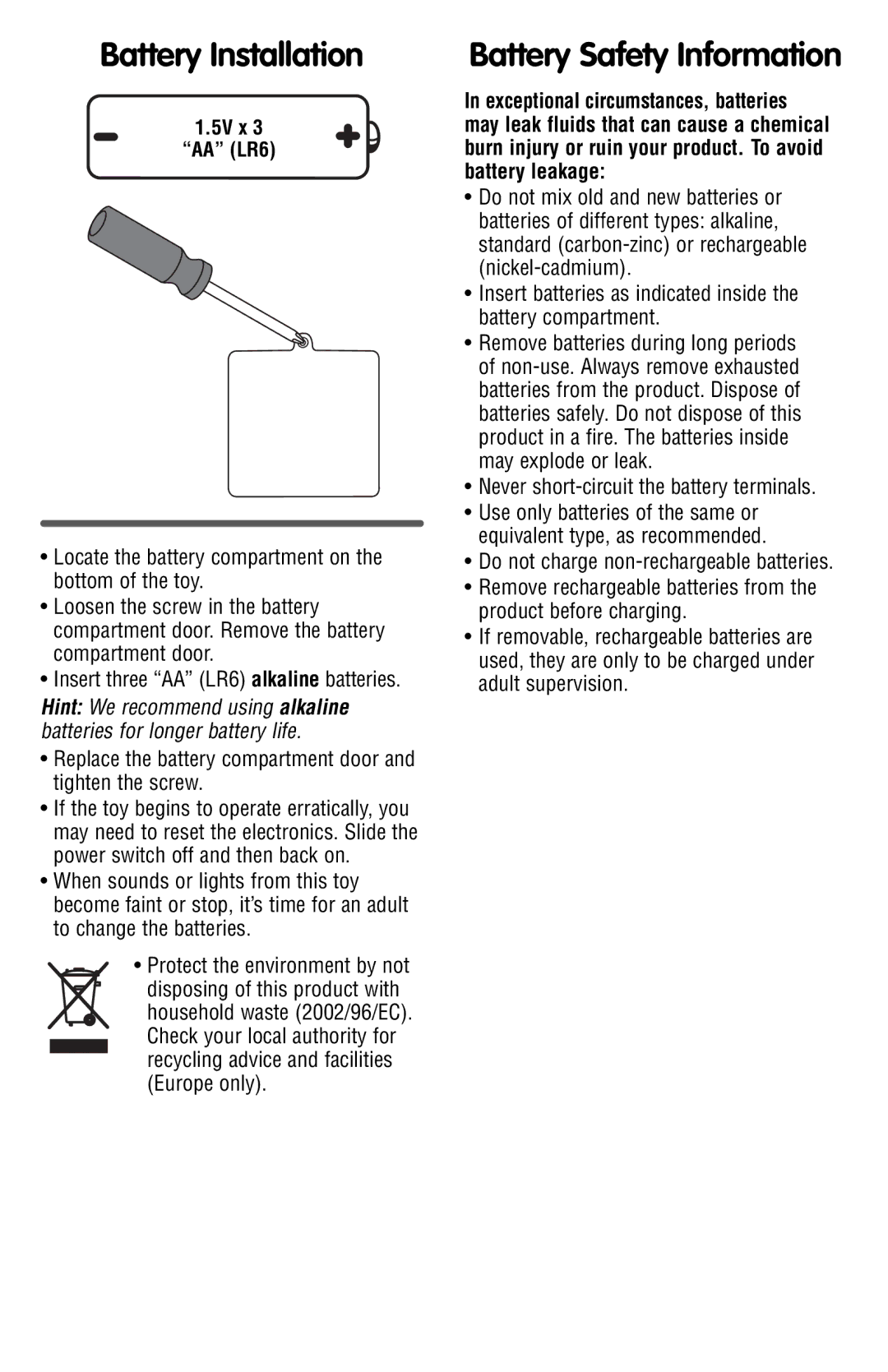 Fisher-Price R4738 instruction sheet Battery Installation, Battery Safety Information 