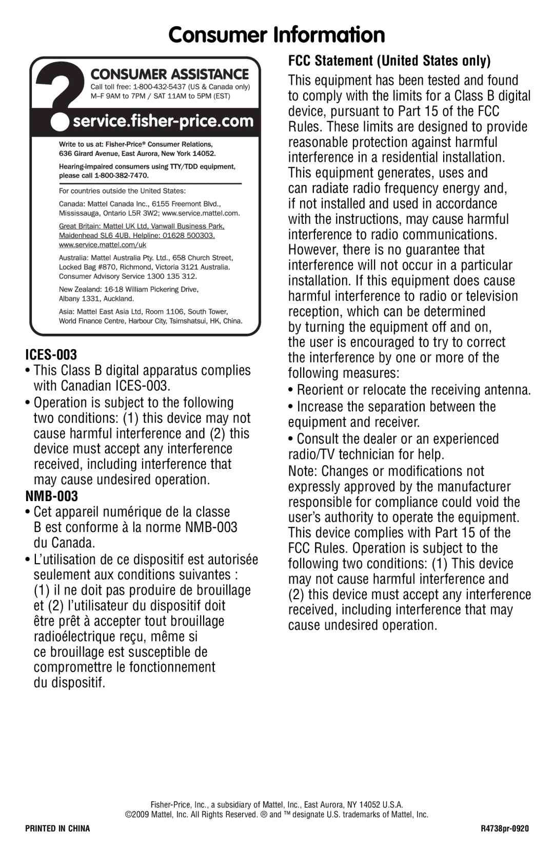 Fisher-Price R4738 instruction sheet Consumer Information 