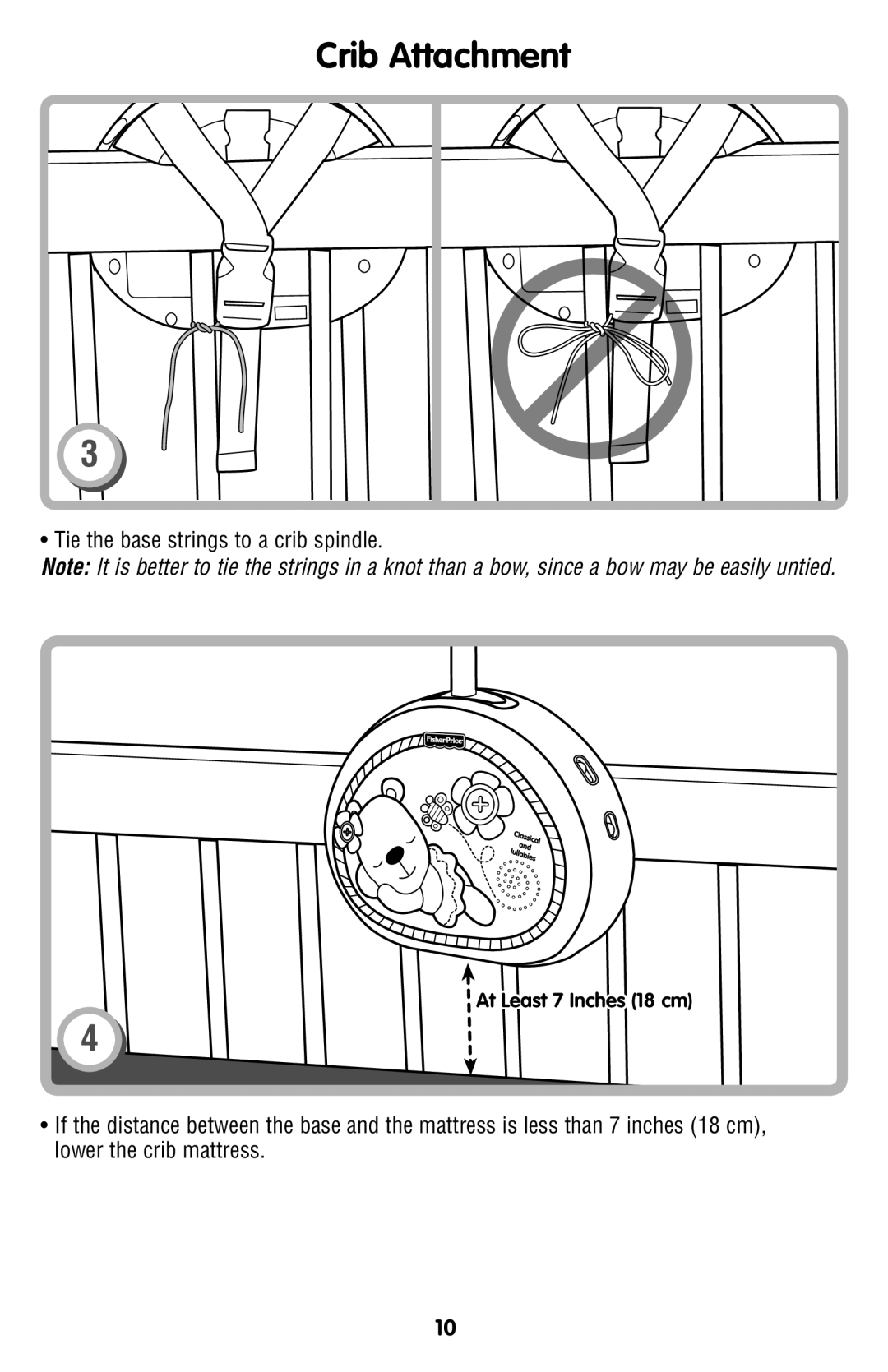 Fisher-Price R4747 manual Tie the base strings to a crib spindle 