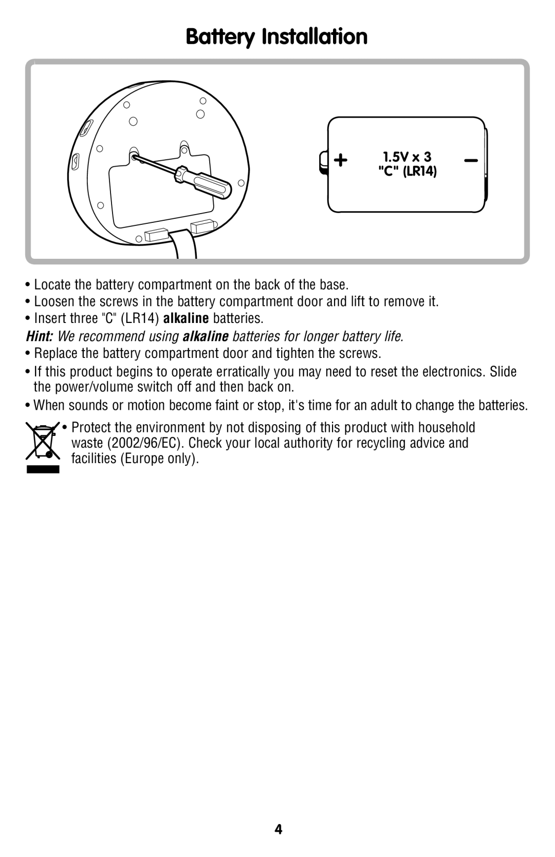 Fisher-Price R4747 manual Battery Installation, 5V x LR14 