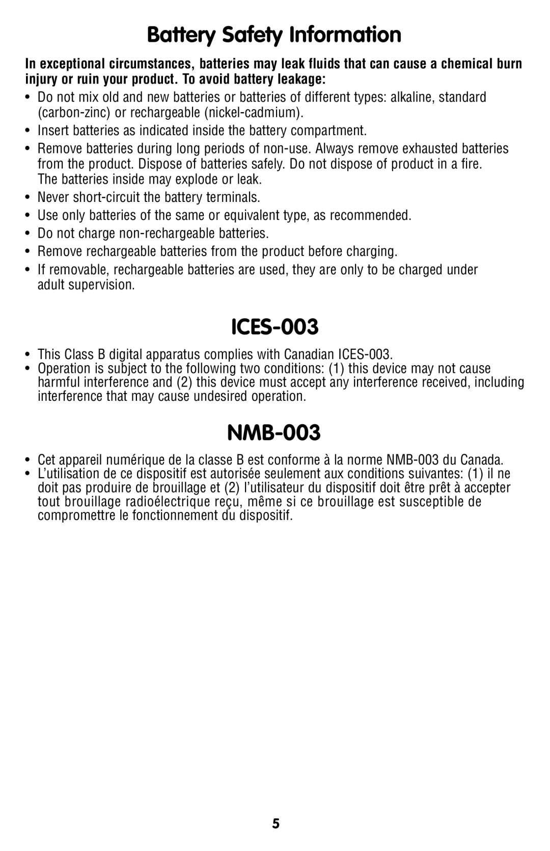 Fisher-Price R4747 manual Battery Safety Information, ICES-003, NMB-003 