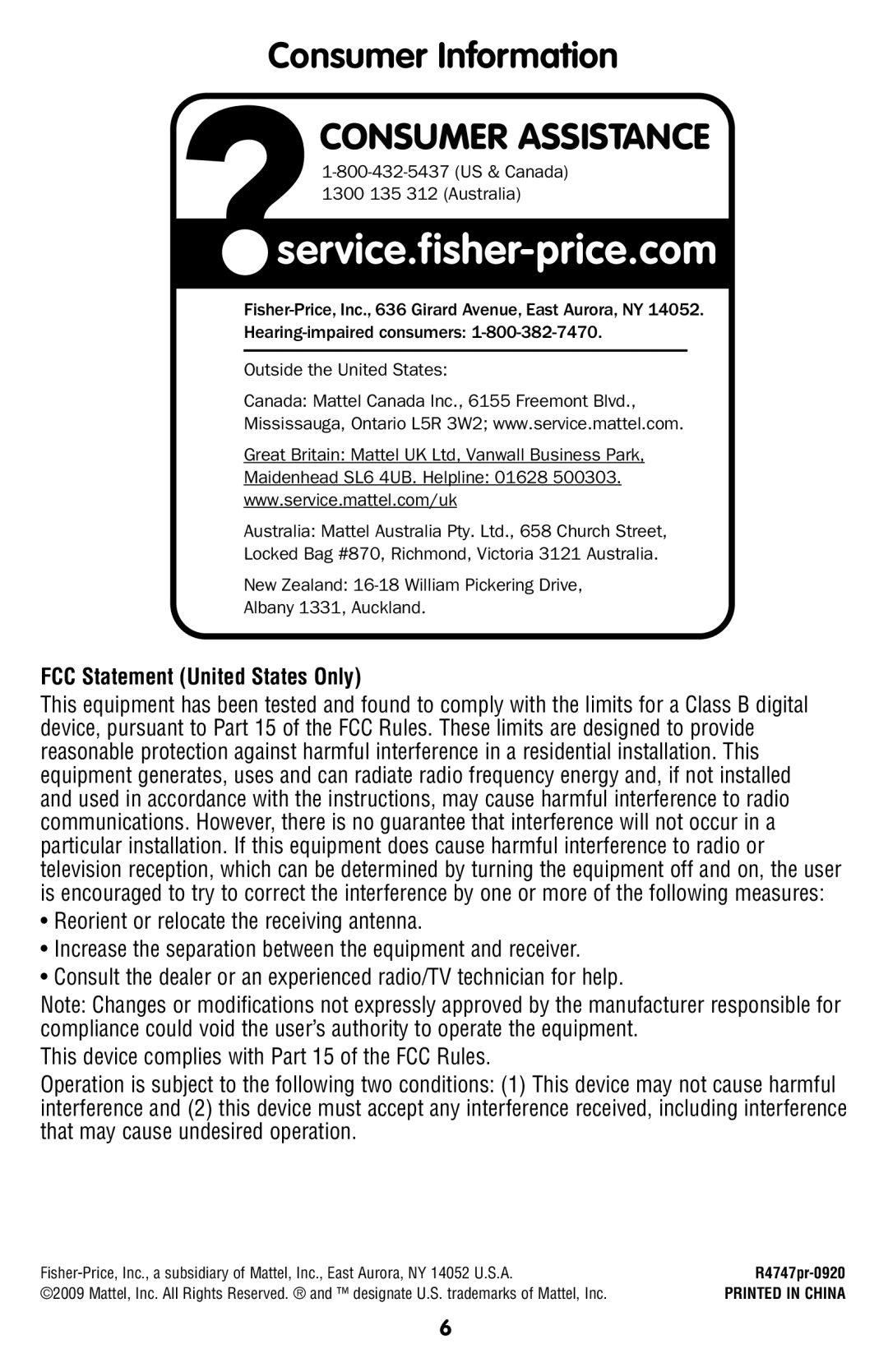 Fisher-Price R4747 manual Consumer Assistance, FCC Statement United States Only 