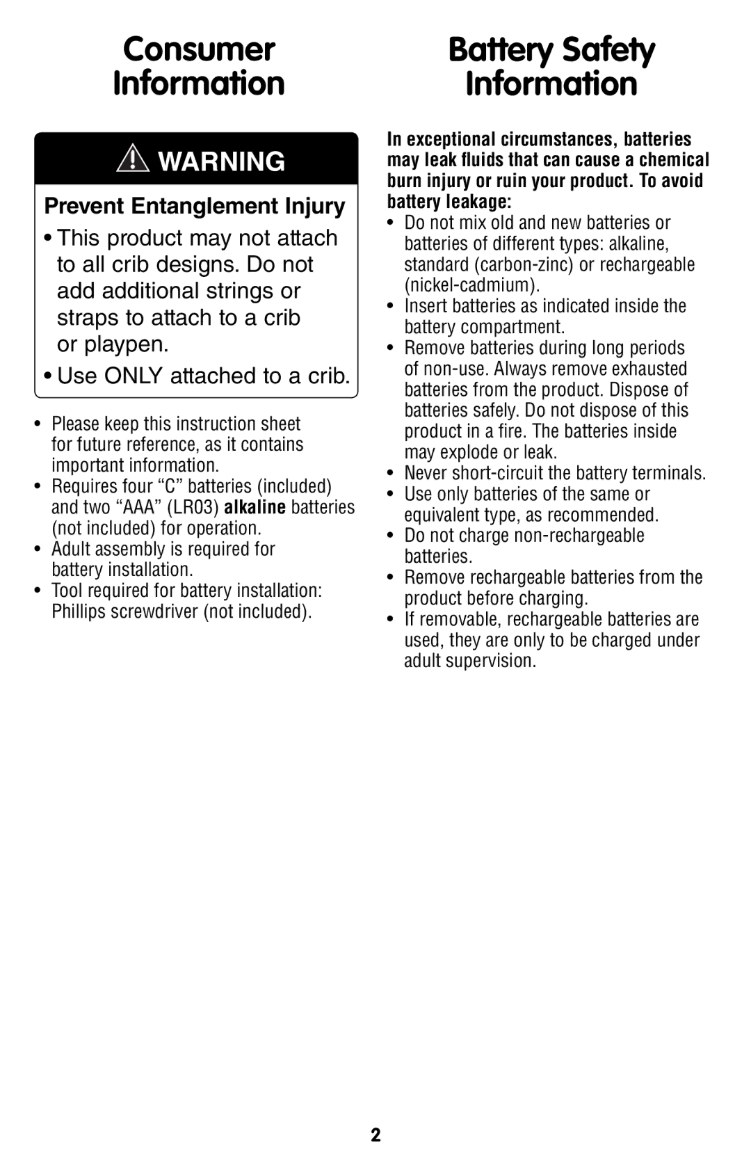 Fisher-Price R4749 manual Consumer Information, Battery Safety Information, Never short-circuit the battery terminals 