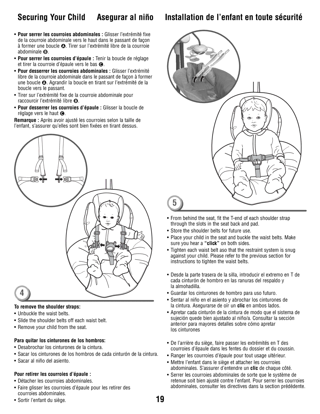 Fisher-Price R6069 manual To remove the shoulder straps, Para quitar los cinturones de los hombros 