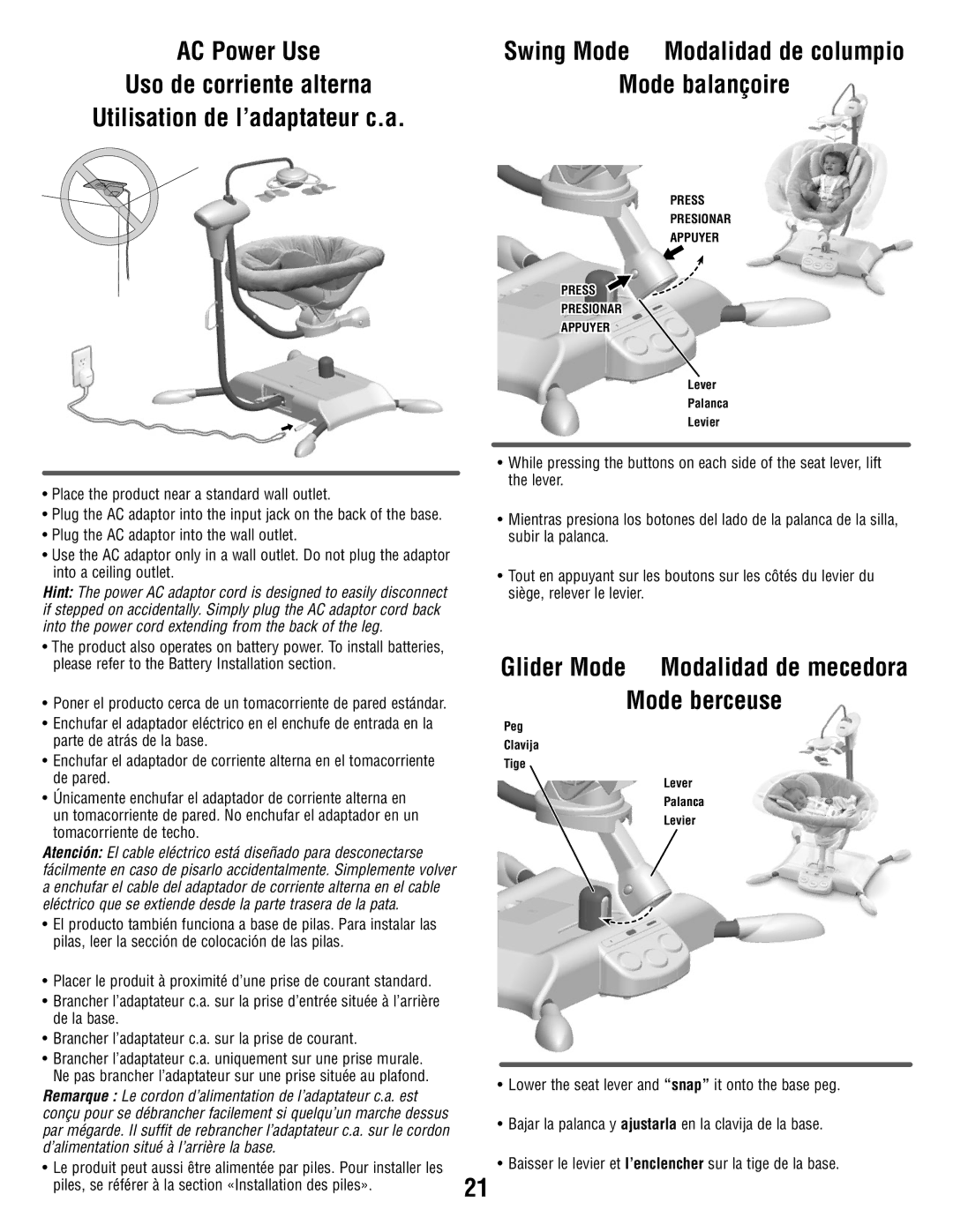 Fisher-Price R6069 manual Glider Mode Modalidad de mecedora Mode berceuse, Swing Mode Modalidad de columpio 