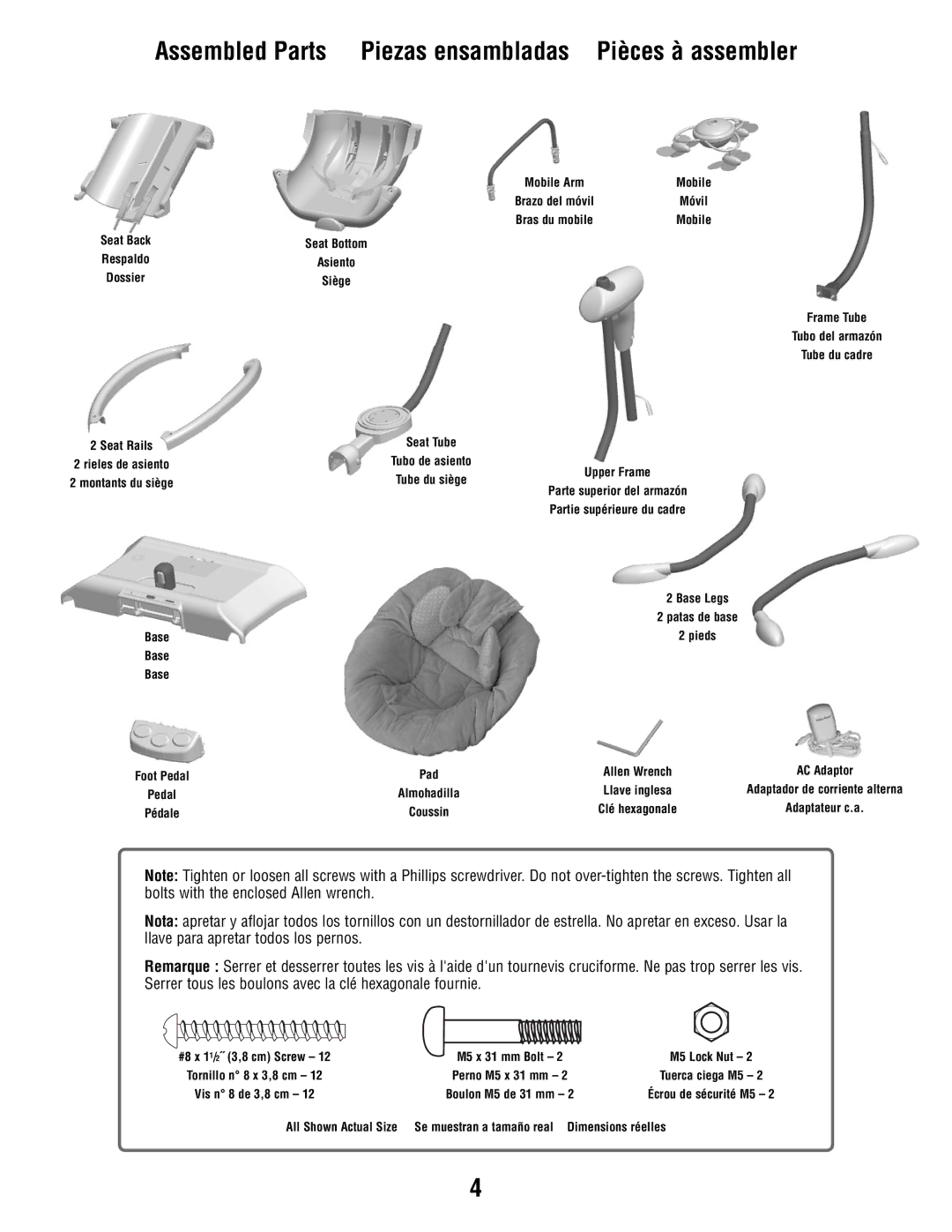 Fisher-Price R6069 manual Assembled Parts Piezas ensambladas Pièces à assembler, M5 x 31 mm Bolt 