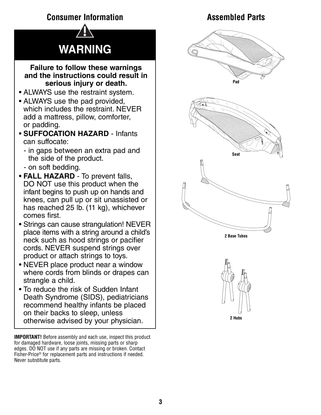 Fisher-Price R6070 manual Consumer Information, Assembled Parts 