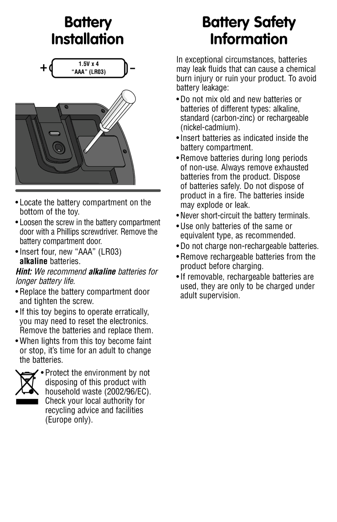 Fisher-Price R6302 instruction sheet Battery Installation, Battery Safety Information 