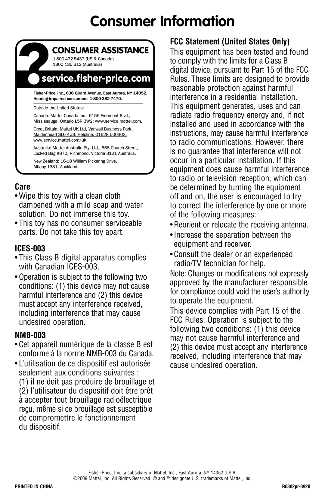 Fisher-Price R6302 instruction sheet Consumer Information, Il ne doit pas produire de brouillage et, Du dispositif 