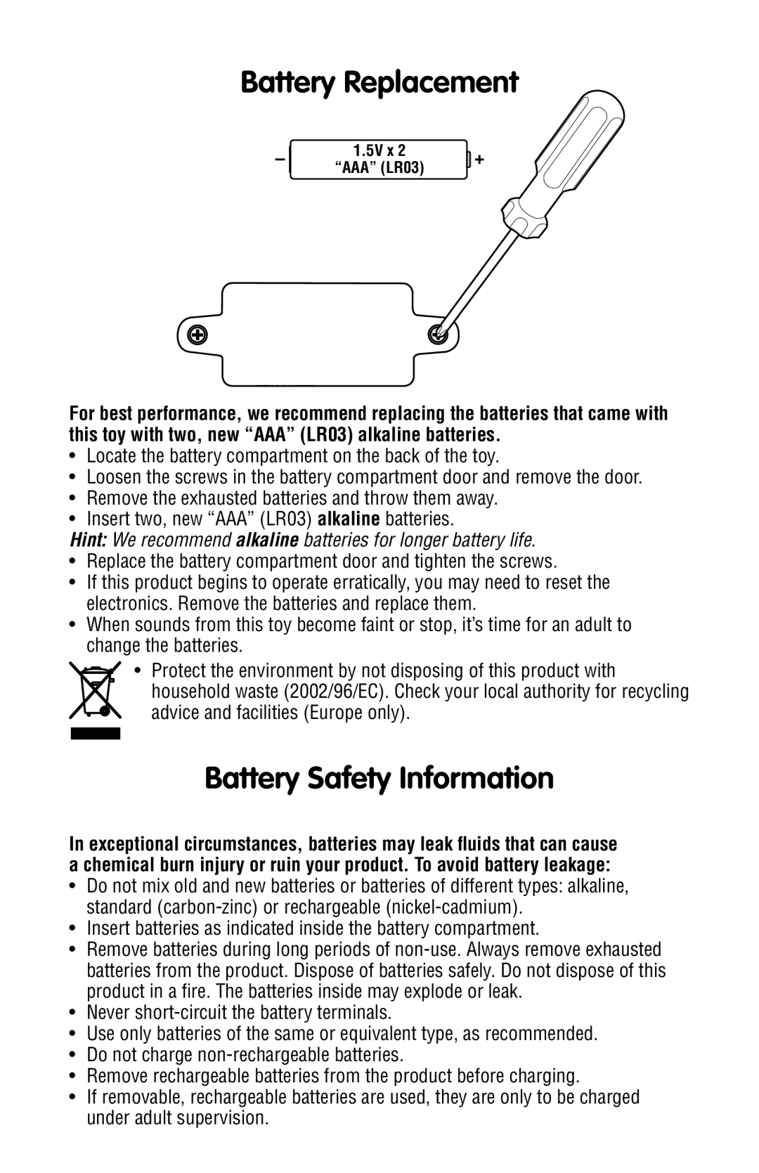 Fisher-Price R7141 instruction sheet Battery Replacement, Battery Safety Information 