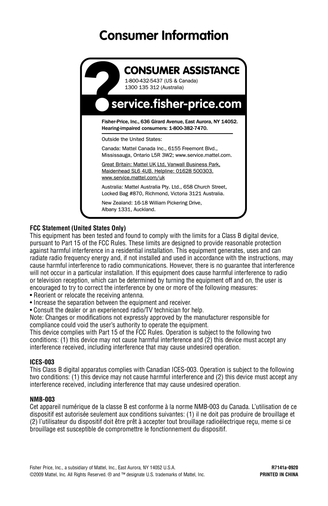 Fisher-Price R7141 instruction sheet Consumer Information, FCC Statement United States Only 