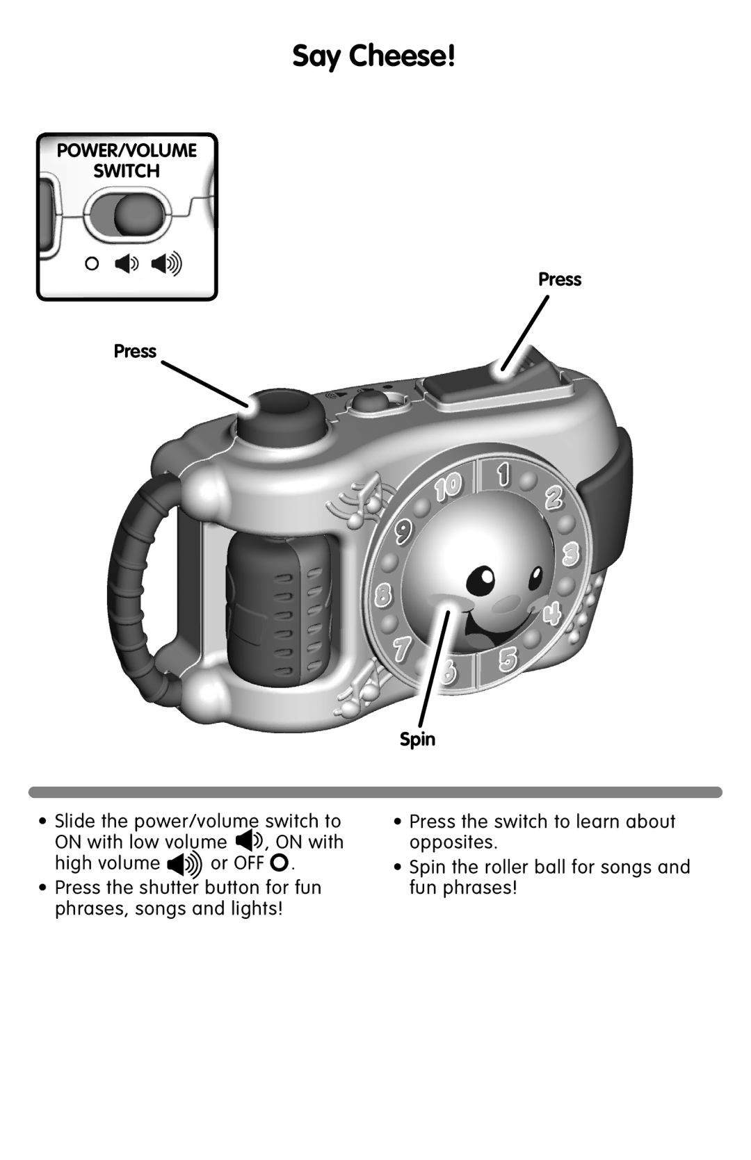 Fisher-Price R7145 instruction sheet Say Cheese, Press Spin 