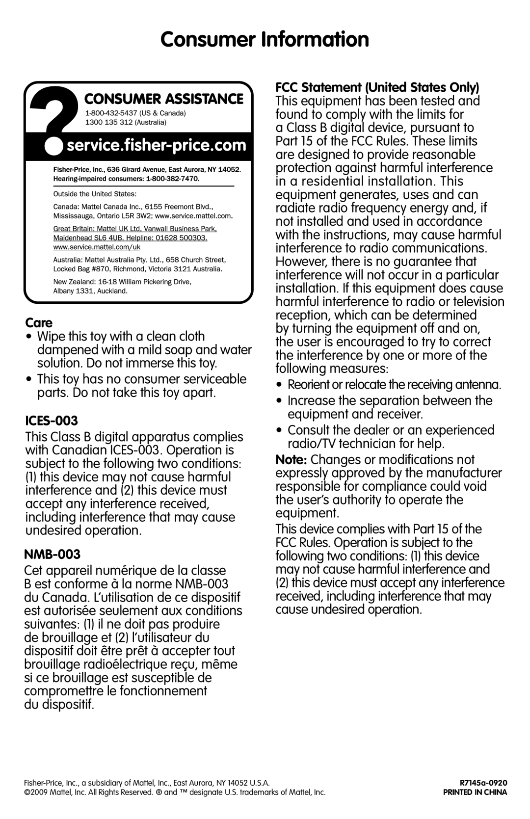 Fisher-Price R7145 instruction sheet Consumer Information, Care, ICES-003, NMB-003 