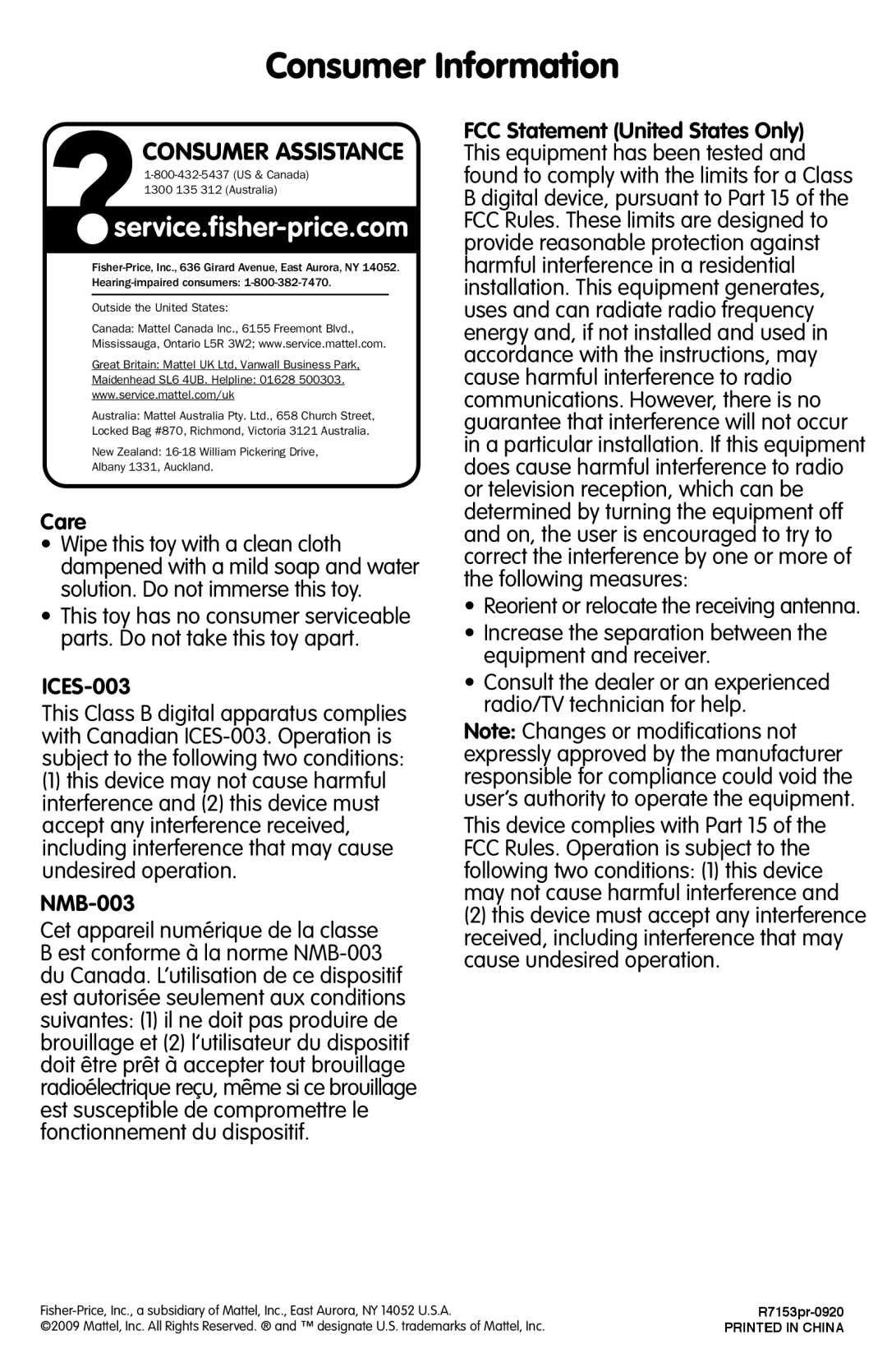 Fisher-Price R7153 instruction sheet Consumer Information, Care, ICES-003, NMB-003, FCC Statement United States Only 