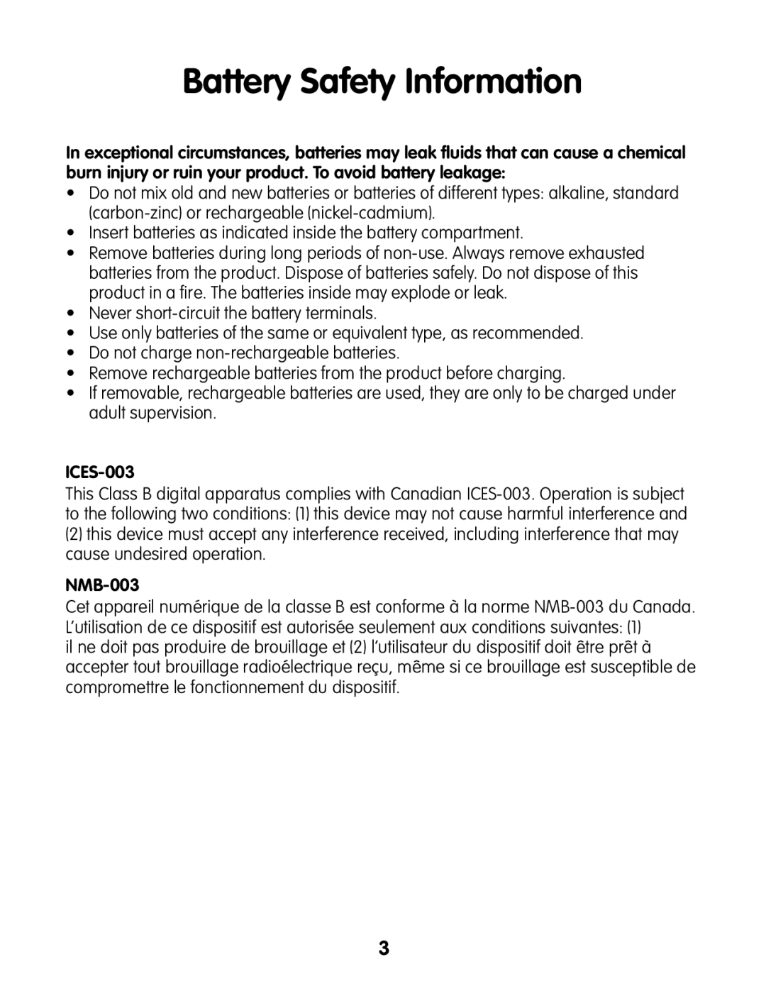 Fisher-Price R7872 instruction sheet Battery Safety Information, ICES-003, NMB-003 