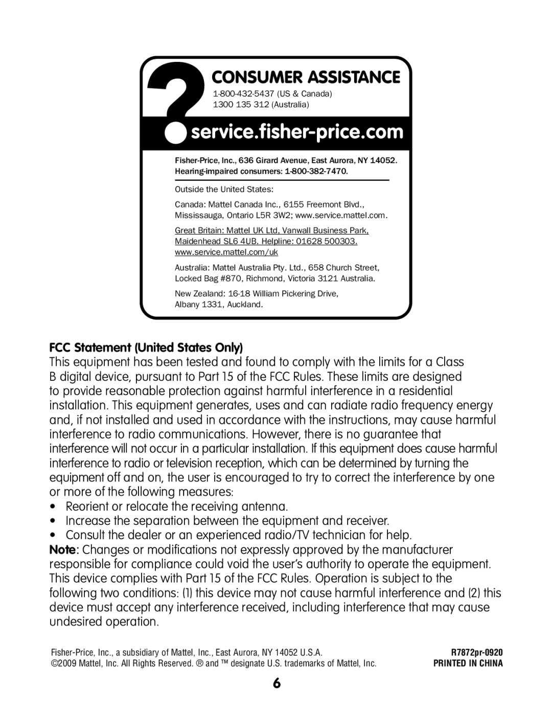 Fisher-Price R7872 instruction sheet Consumer Assistance, FCC Statement United States Only 