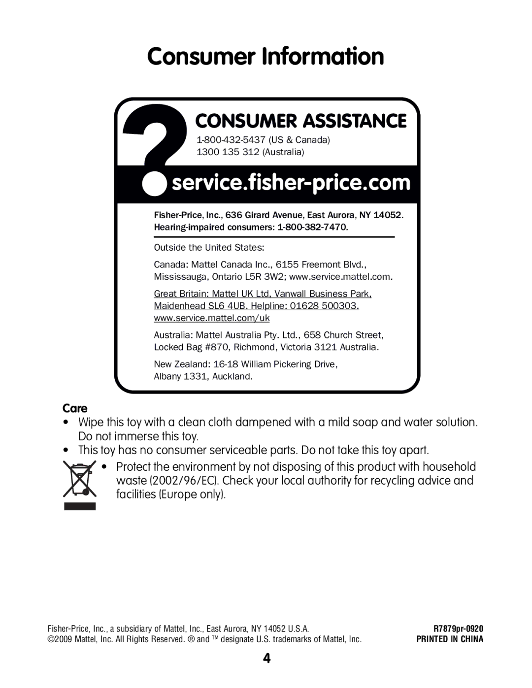 Fisher-Price R7879 instruction sheet Consumer Information, Care 