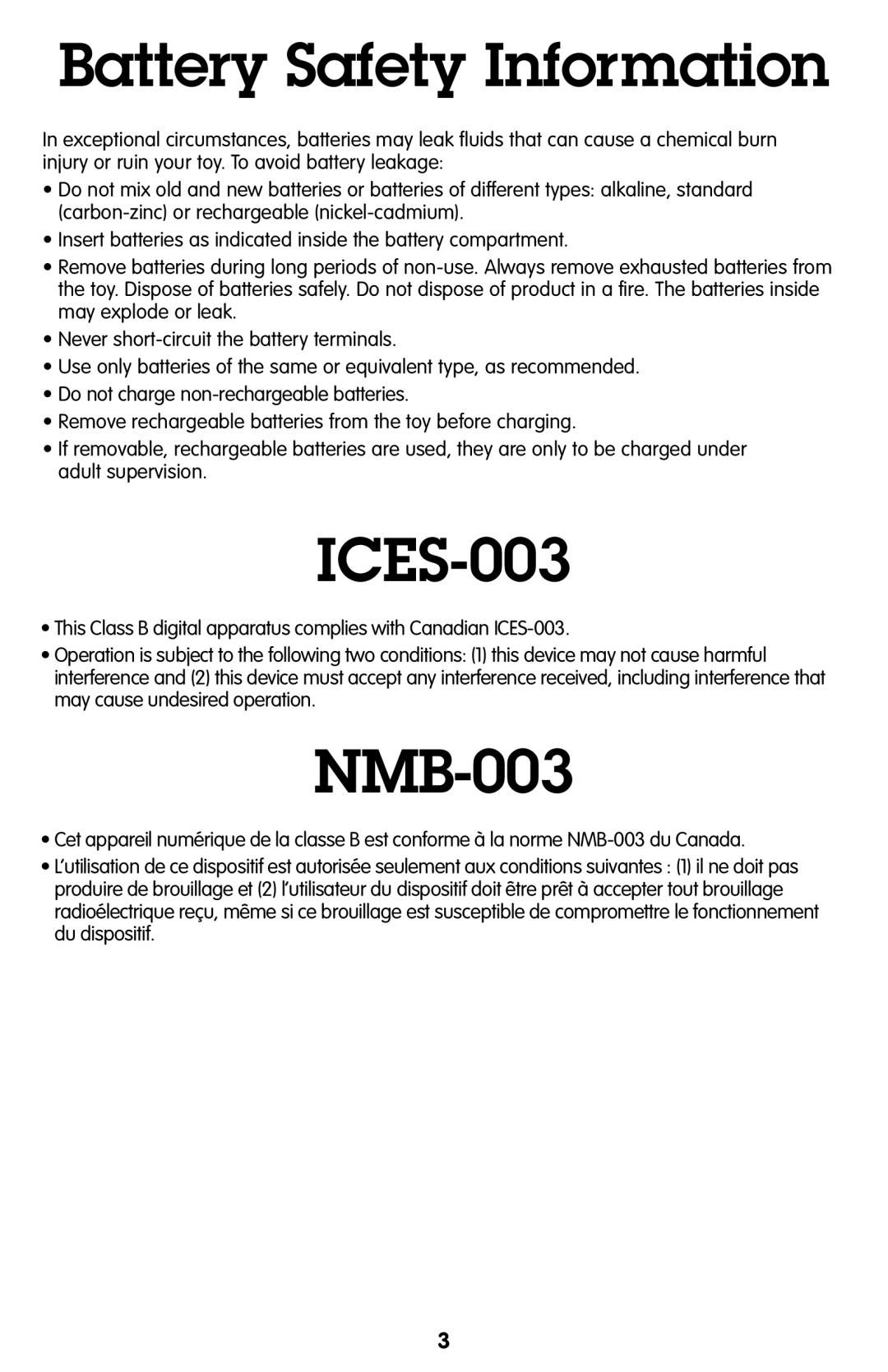 Fisher-Price R8059 instruction sheet Battery Safety Information, ICES-003, NMB-003 