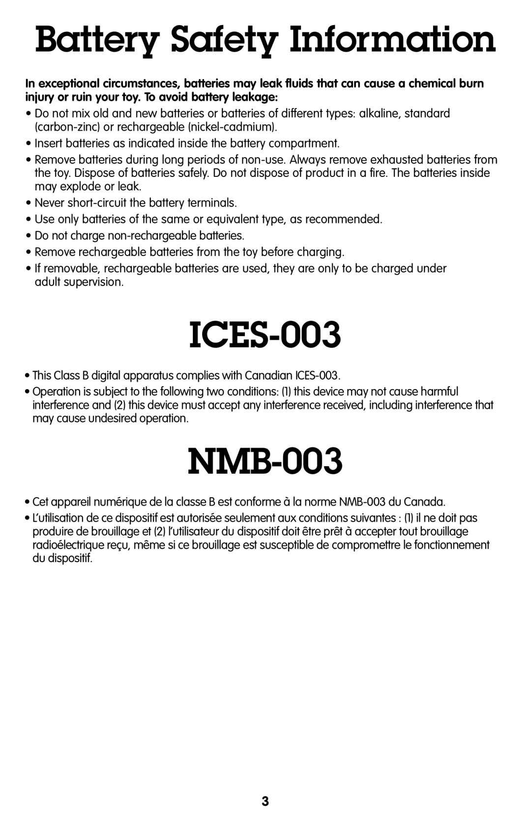 Fisher-Price R8637 instruction sheet Battery Safety Information, ICES-003, NMB-003 