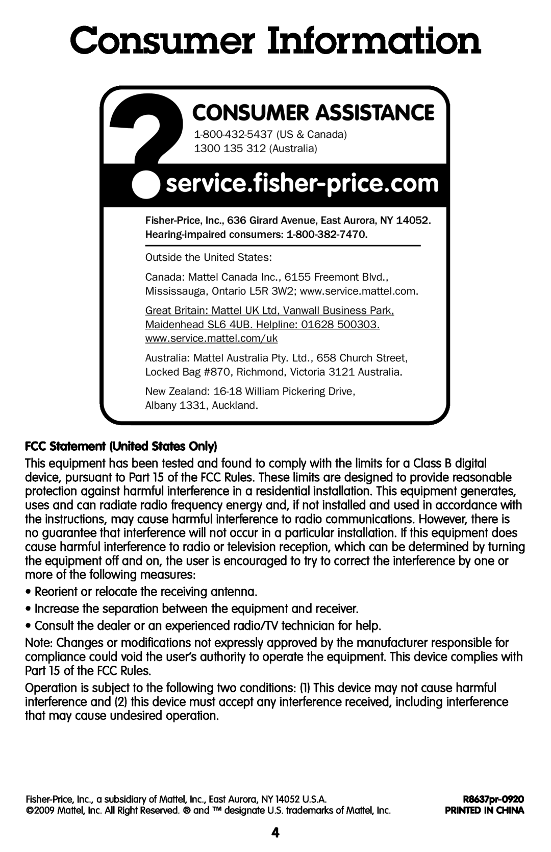 Fisher-Price R8637 instruction sheet Consumer Information, FCC Statement United States Only, Consumer Assistance 