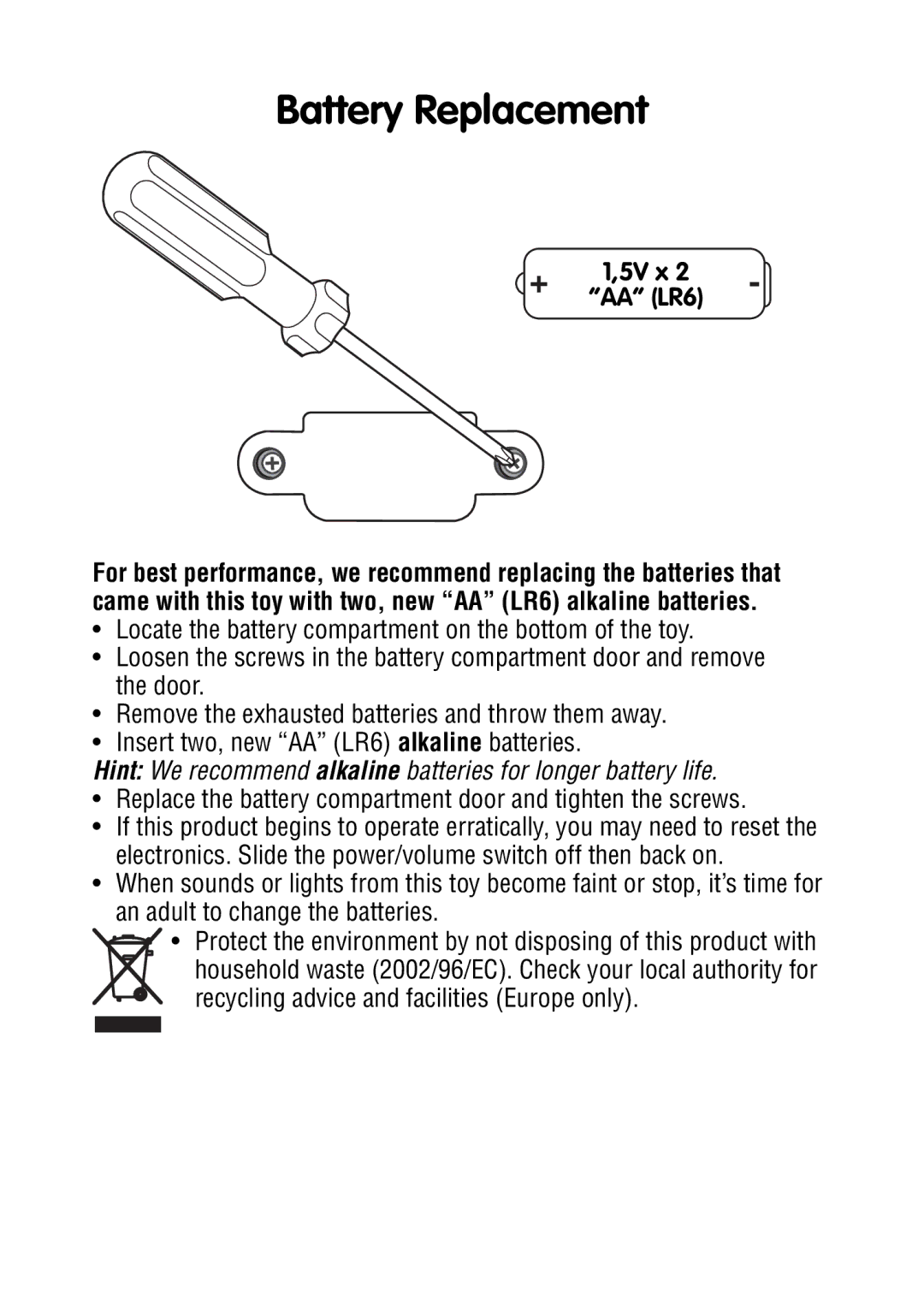 Fisher-Price R8639 manual Battery Replacement, 5V x AA LR6 