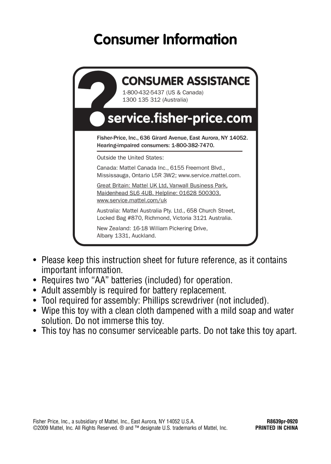 Fisher-Price R8639 manual Consumer Information, Consumer Assistance 