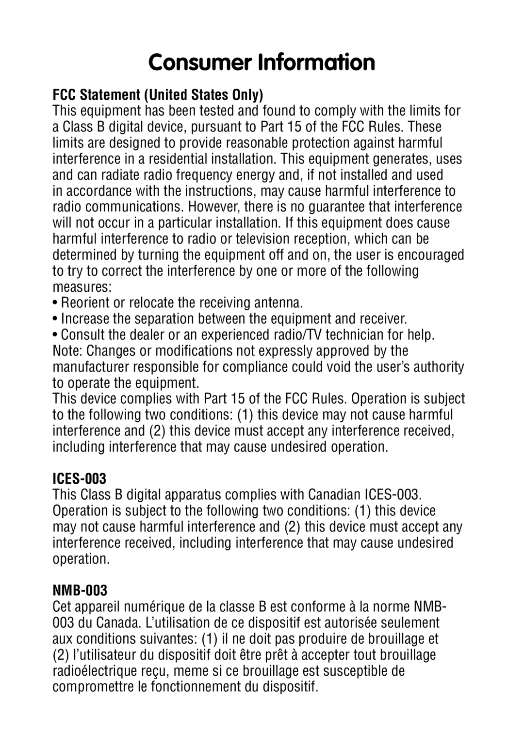 Fisher-Price R8639 manual FCC Statement United States Only, ICES-003, NMB-003 