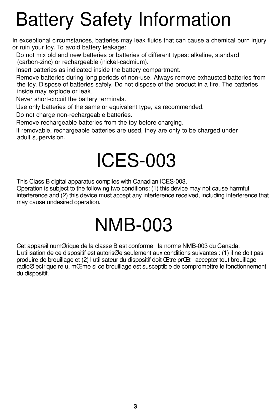 Fisher-Price R9107 instruction sheet Battery Safety Information, ICES-003, NMB-003 